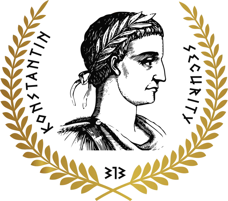 Logo Konstantin Security: klasični portret u zlatnom lovoru sa natpisom Konstantin Security